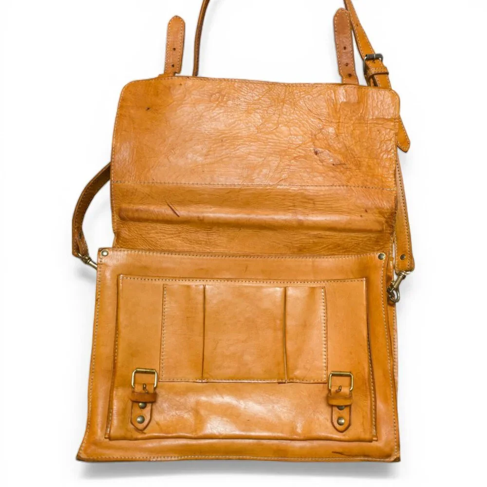 Handmade Natural Leather Satchel Briefcase – Vintage Tan Crossbody Messenger - Picture 3 of 16